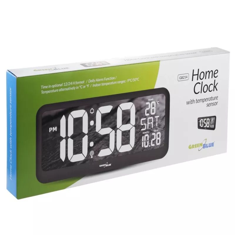 Didelis skaitmeninis laikrodis sieninis / ant stovo su temperatūros jutikliu 37x17 cm LCD ekranas, maitinamas adapteriu ir baterijomis