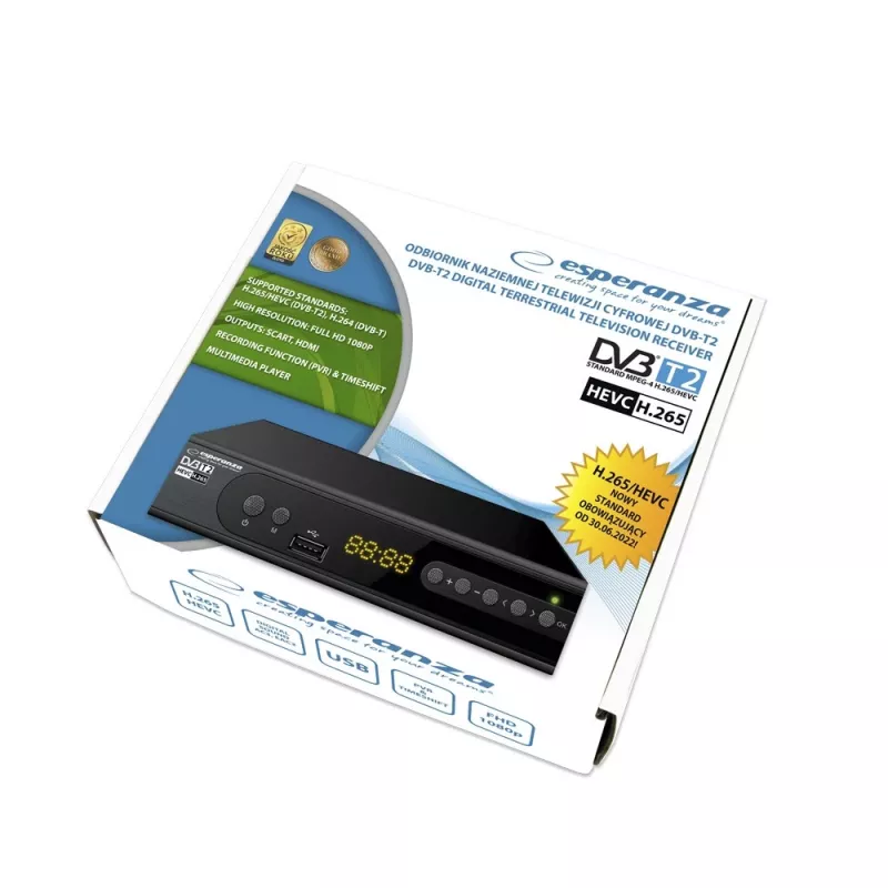 Set-top dėžutė ESPERANZA EV106R kabelinis imtuvas DVB-T2 / DVB-C HEVC H.265, HDMI, USB, PVR, Dolby Digital, 174–790 MHz, juoda