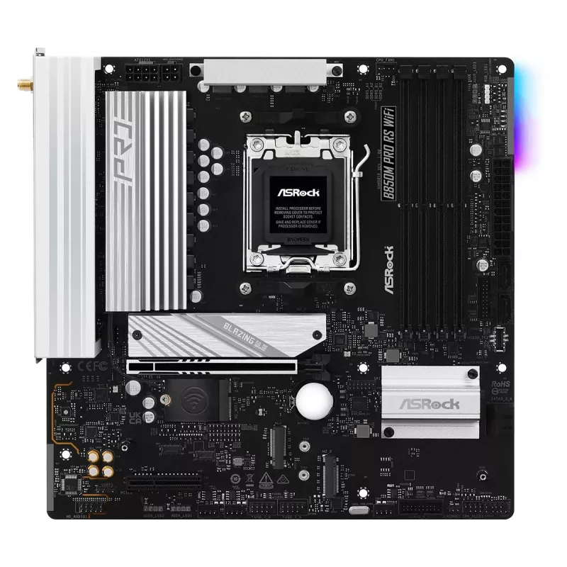 Motininė plokštė ASRock B850M Pro RS WiFi — AMD B850, Socket AM5, microATX, DDR5, 4 DIMM, 256GB, Wi‑Fi 6E, 2.5Gb LAN, 3x M.2