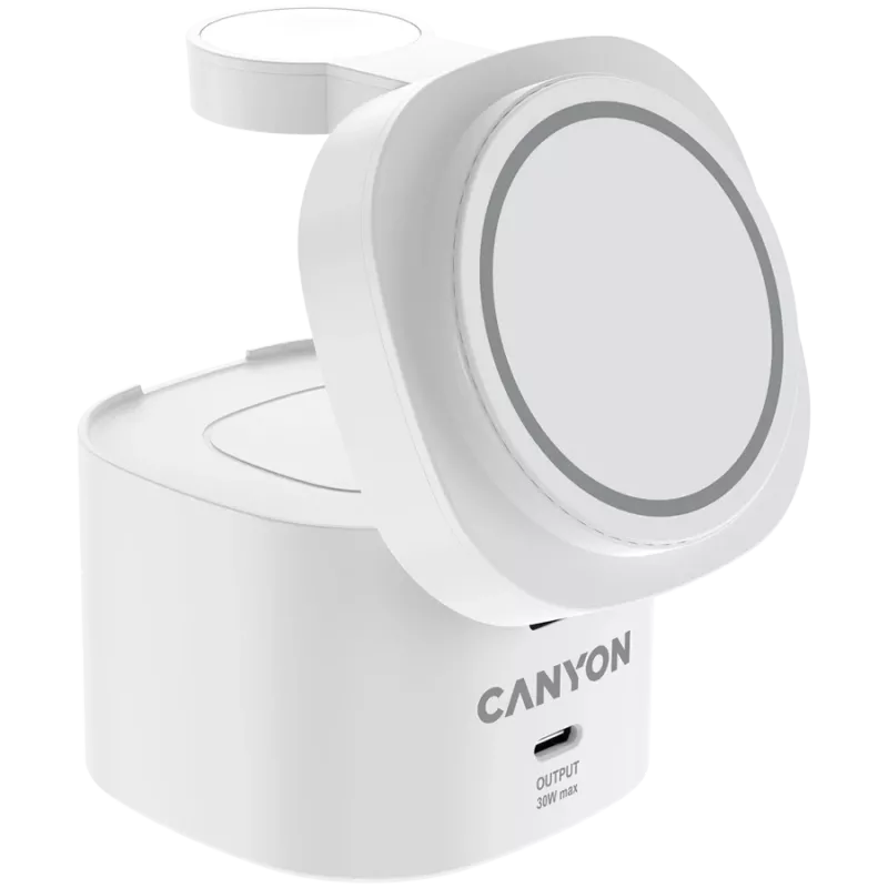 Canyon 4 viename belaidis įkrovimo stovas, 30W maks., 70x70x70.3 mm, 414 g, su 65W įkrovikliu ir 1 m laidu, baltas