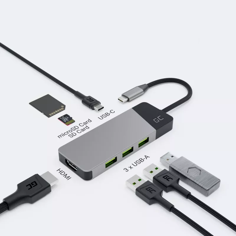 USB Type-C stotelė Green Cell HUBGC01 — 7 prievadai: 3×USB-A 3.2 Gen 1, 1×USB-C 3.2 Gen 1, HDMI, microSD+SD kortelių skaitytuvas — sidabrinė
