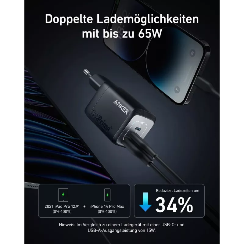 Vidinis USB greitojo įkrovimo adapteris Anker Prime A2669313 — 67 W, 1×USB-A, 2×USB-C, juodas
