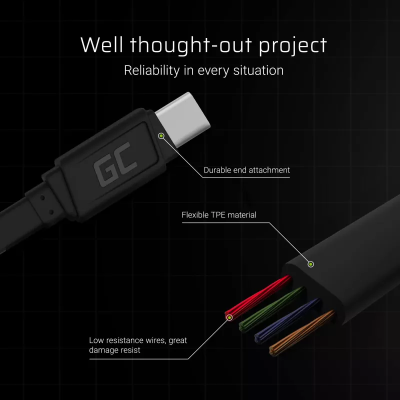 USB A į USB C laidas Green Cell KABGC03 — 0,25 m, juoda, 480 Mbit/s