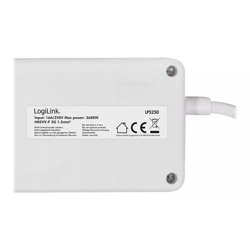 Prailginimo laidas LogiLink LPS250 1,5 m 6 AC lizdų Baltas