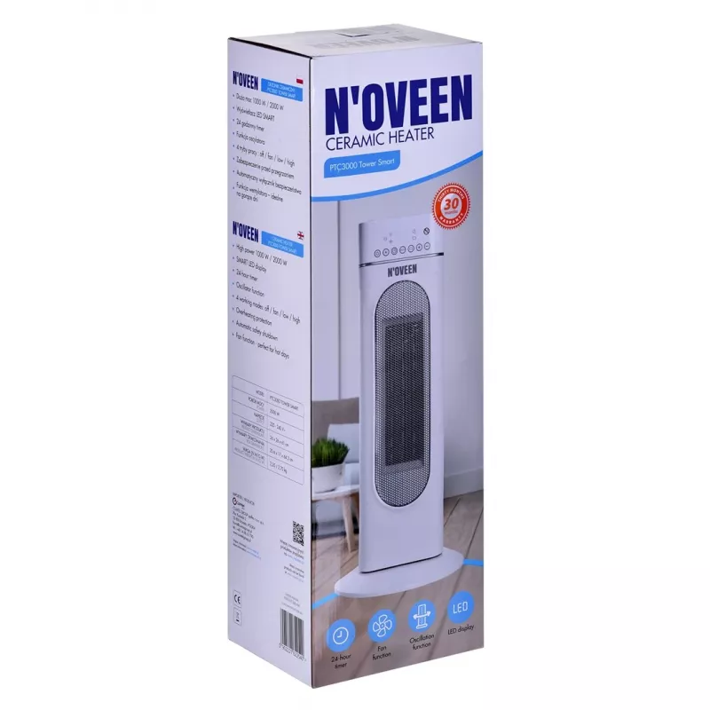 Elektrinis keraminis šildytuvas NOVEEN PTC3000, 2000 W (1200 W min), LED ekranas, laikmatis, nuotolinis valdymas, siūbavimas, baltas