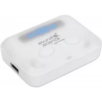 Manhattan belaidės ausinės Bluetooth, baltos, su mikrofonu, valdymu, prakaitui atsparios, triukšmą izoliuojančios, 5 h veikimo laikas, maks. atstumas 10 m, įkrovimo dėklas su powerbank (1200 mAh), Bluetooth v5.0, USB-A įkrovimo kabelis, 3 metų garantija