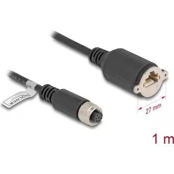 Tinklo kabelis DeLOCK M12 A-koduotas 8 kontaktų moteriškas į RJ45 lizdą Cat.5e F/UTP 1 m juodas