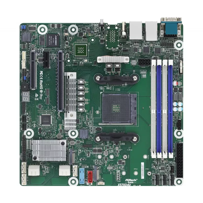 Motininė plokštė ASRock X570D4U Micro ATX — AMD X570, Socket AM4, 4× DIMM, DDR4, maks. 32 GB, 12× SATA III, 3× RJ-45