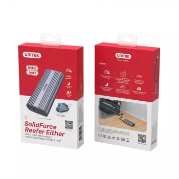 SSD korpusas Unitek SolidForce Reefer pilka – M.2 NVMe PCIe, USB‑C 10 Gbit/s, aliuminis, 1 diskas