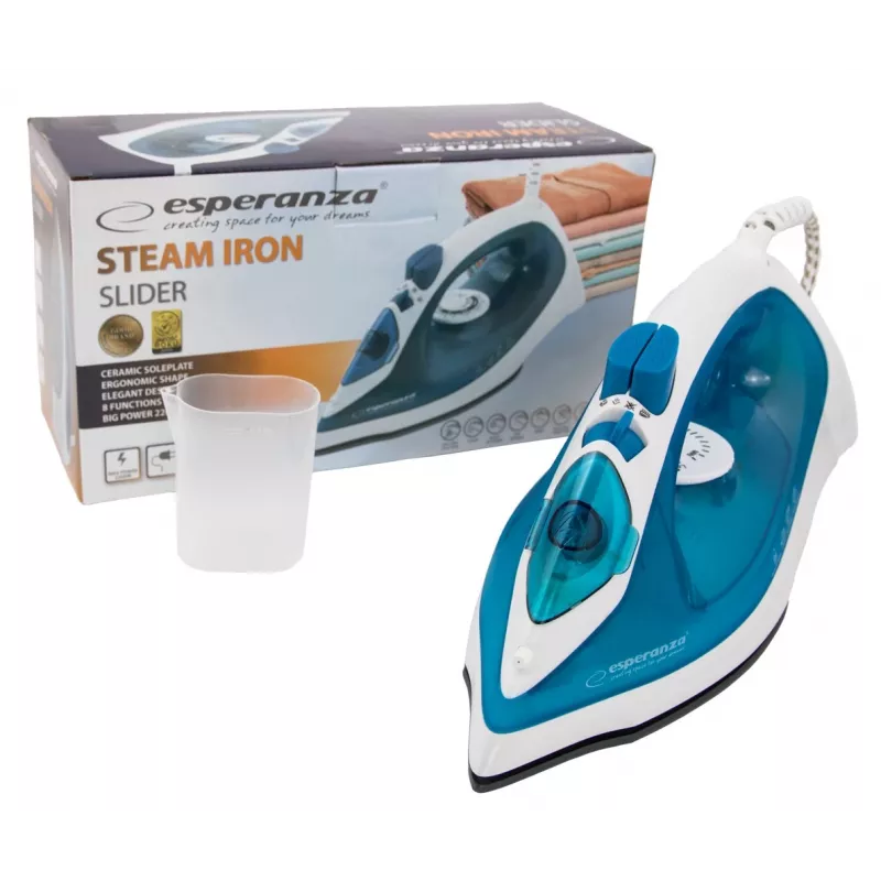 Garintuvas ESPERANZA EHI002 — 2200 W, keraminis padas, vertikalus garas, 0,815 kg, baltas/mėlynas