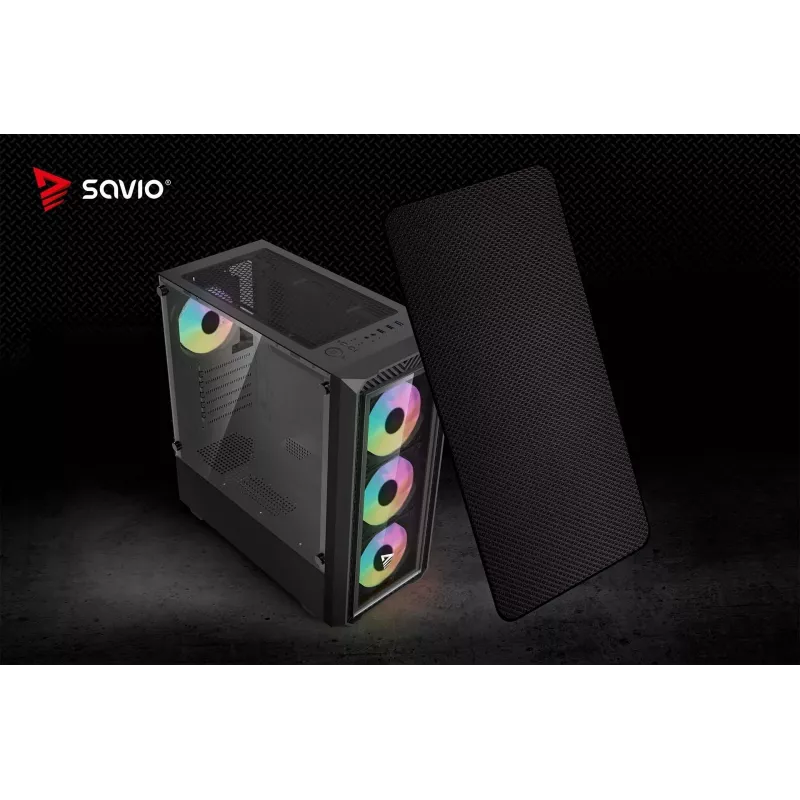 PC korpusas SAVIO Noctis Glass RGB – juodas, ATX/Micro-ATX, 210×410×450 mm, 3×120 mm priekiniai ventiliatoriai