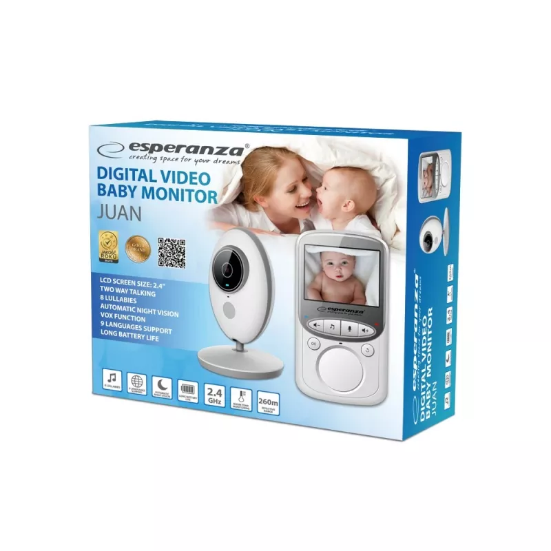 Kūdikio vaizdo monitorius ESPERANZA EHM003 — 2,4 col. LCD, 640×480, naktinis matymas 5 m, temperatūros jutiklis, dvipusis garsas, LiPo 750 mAh, diapazonas iki 50 m