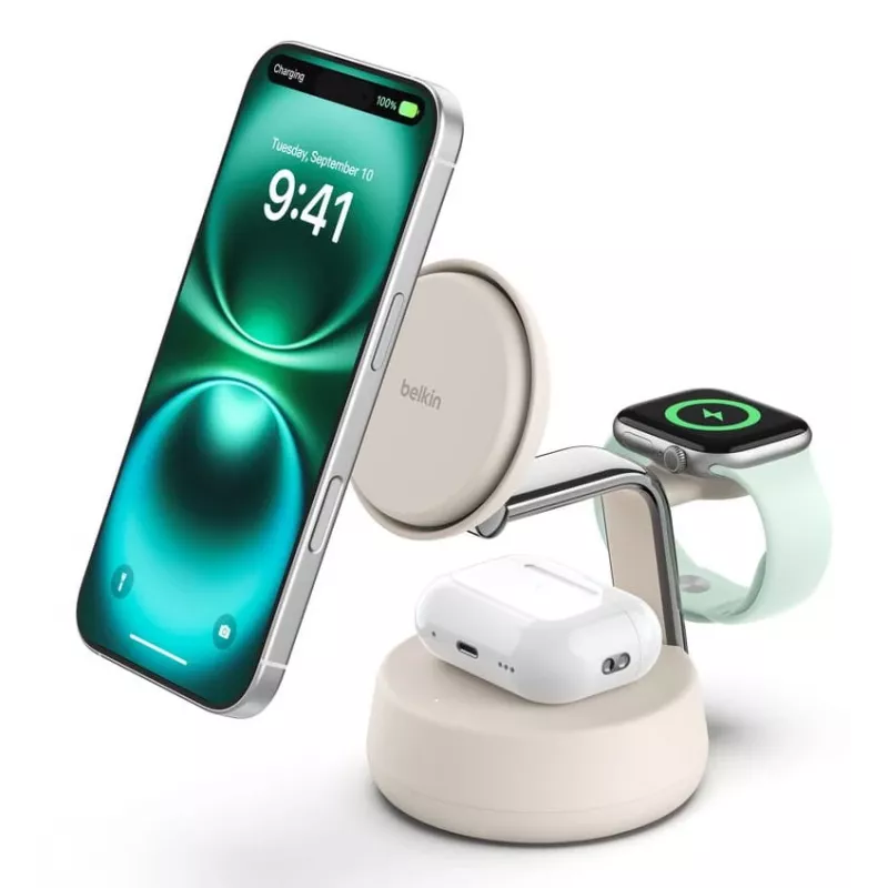 Belaidis USB įkroviklis Belkin Qi2 WIZ040KQSD — 25 W, USB maitinimas, 1,5 m laidas, baltas, išmaniesiems telefonams, išmaniesiems laikrodžiams, ausinėms, sporto apyrankėms