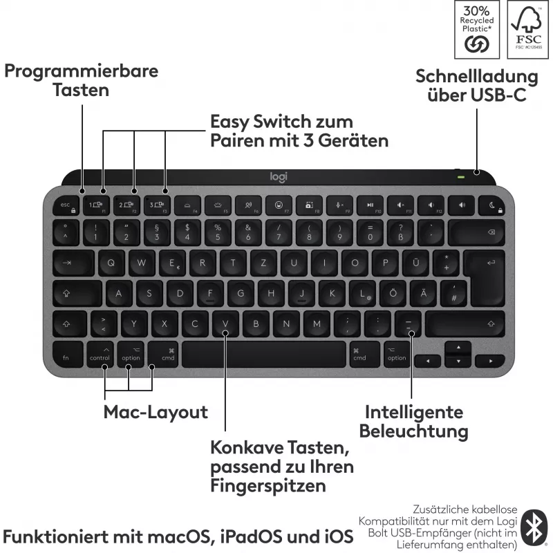 Klaviatūra Logitech MX Keys Mini For Mac QWERTZ vokiška juoda pilka