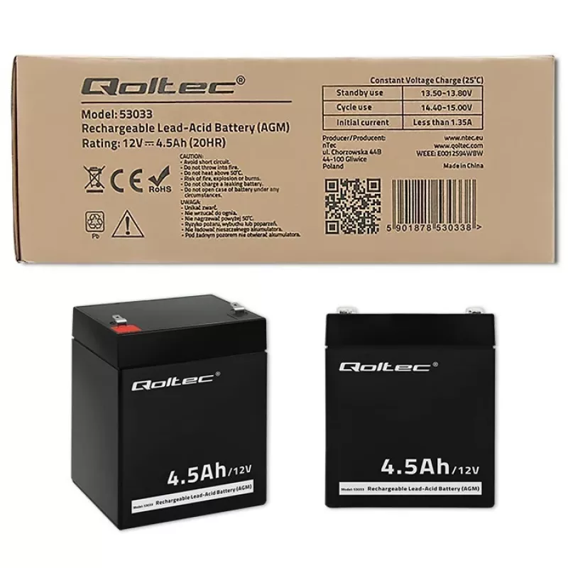 Qoltec AGM akumuliatorius (12 V, 4,5 Ah)