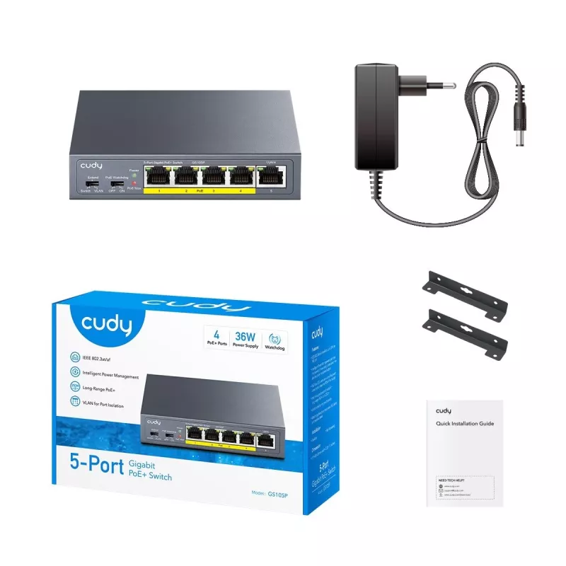 CUDY GS105P 5 prievadų Gigabit PoE+ valdiklis 36W