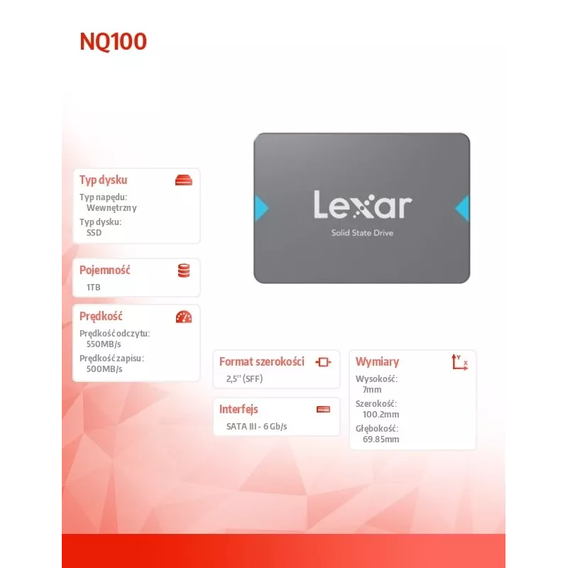2,5 colio SATA III SSD Lexar NQ100 1 TB — 550 MB/s skaitymas, 6 Gbit/s perdavimas