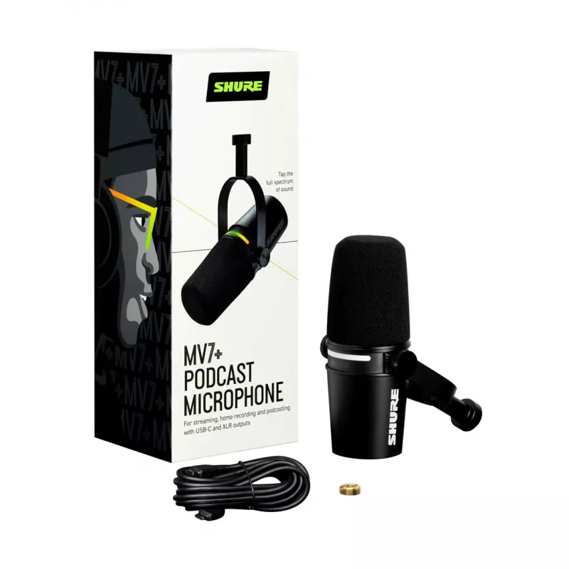 Shure MV7+-K - Profesionalus paskaitų ir vokalo mikrofonas su XLR/USB-C jungtimis, juodas