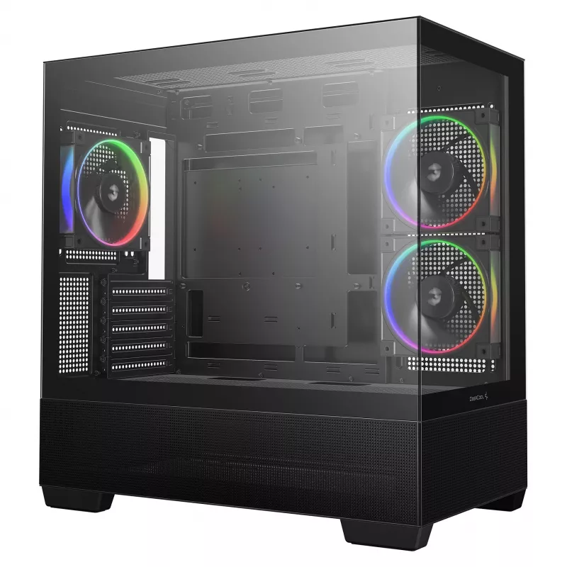 Korpusas PC Midi Tower DeepCool CG380 3F — Juodas, 235×437×451 mm, palaiko 2x120 mm šoninius + 1x120 mm galinį ventiliatorius, maitinimo šaltinis apačioje, 2,5 colio/3,5 colio HDD