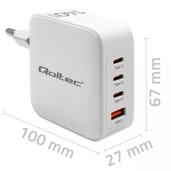 Kroviklis QOLTEC 51828 140W GaN 3×USB‑C PD + 1×USB‑A QC 3.0 – kelių prievadų greitasis kroviklis