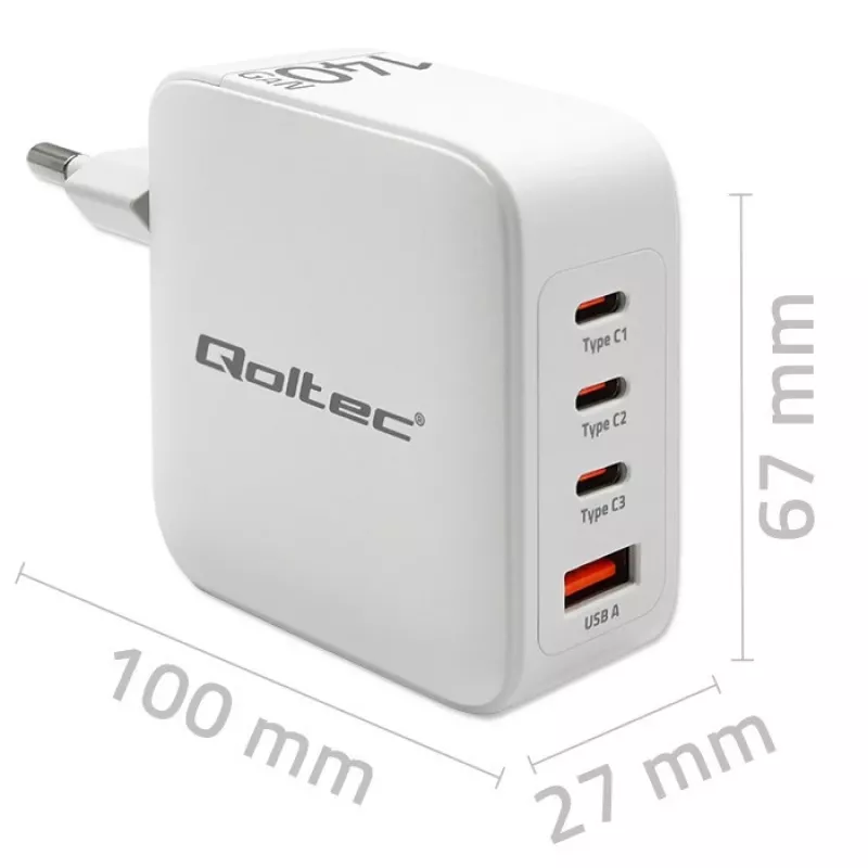 Kroviklis QOLTEC 51828 140W GaN 3×USB‑C PD + 1×USB‑A QC 3.0 – kelių prievadų greitasis kroviklis