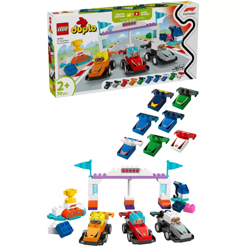 LEGO DUPLO 10445 F1 Team lenktyniniai automobiliai ir vairuotojai