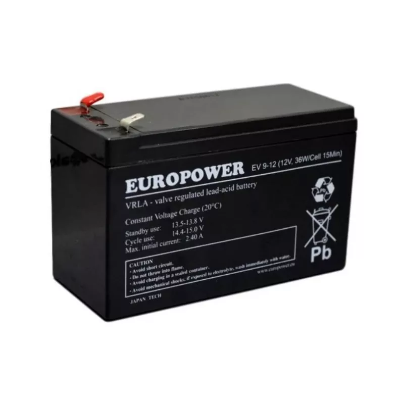 Švino-rūgštinis sandarus akumuliatorius europower EV 12-9 – 12 V 9 Ah UPS ir atsarginiam maitinimui