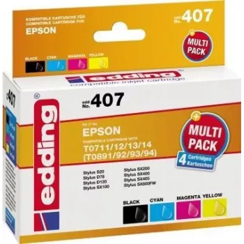 edding rašalinės kasetės EDD-407 juoda, žydra, raudona, geltona suderinamos su EPSON T0715, 4 vnt. rinkinys