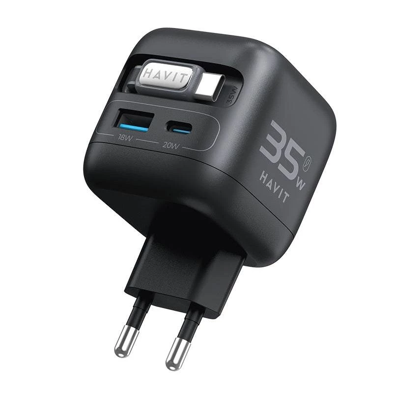 Keliautojas GaN įkroviklis Havit UC250 A-EU 35W 20V 1xUSB-C 0.7m juodas