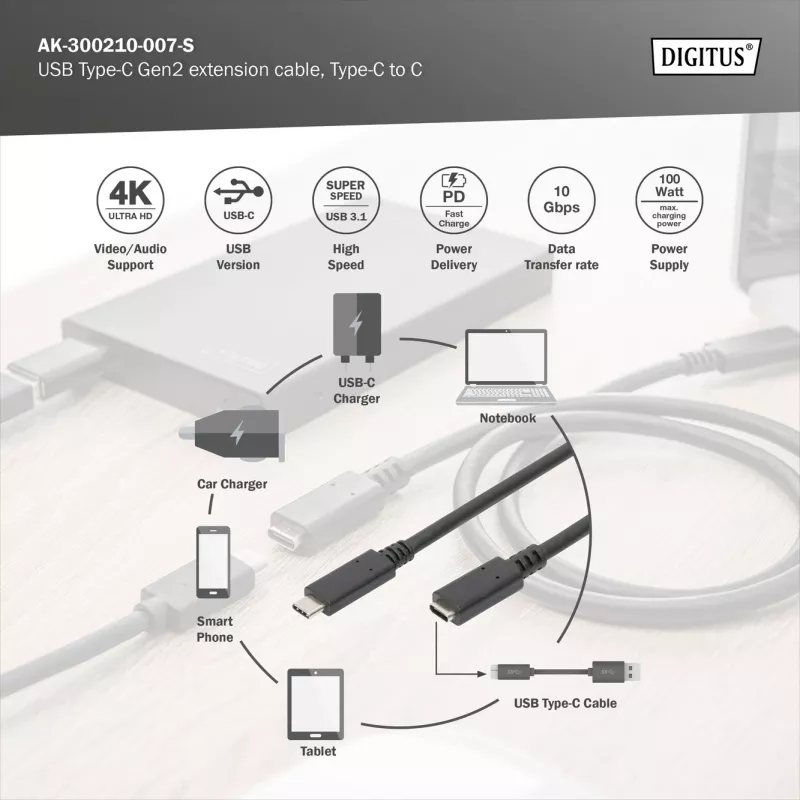 USB Type-C ilginamasis kabelis Digitus AK-300210-007-S 0,7 m
