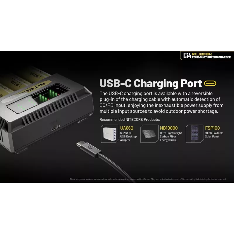 Įkroviklis akumuliatoriams Nitecore Ci4 – universalus USB įkroviklis Li‑Ion / NiCd / NiMH, 5/9/12 V įėjimas, 3 A, plastmasinis, 0,1914 kg