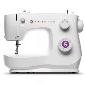SINGER M2505 mechaninė siuvimo mašina – 10 dygsnių, automatinė sagos kilpa, laisva rankovė, balta