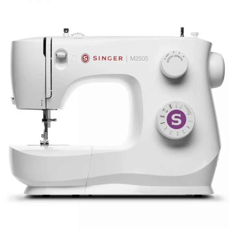 SINGER M2505 mechaninė siuvimo mašina – 10 dygsnių, automatinė sagos kilpa, laisva rankovė, balta