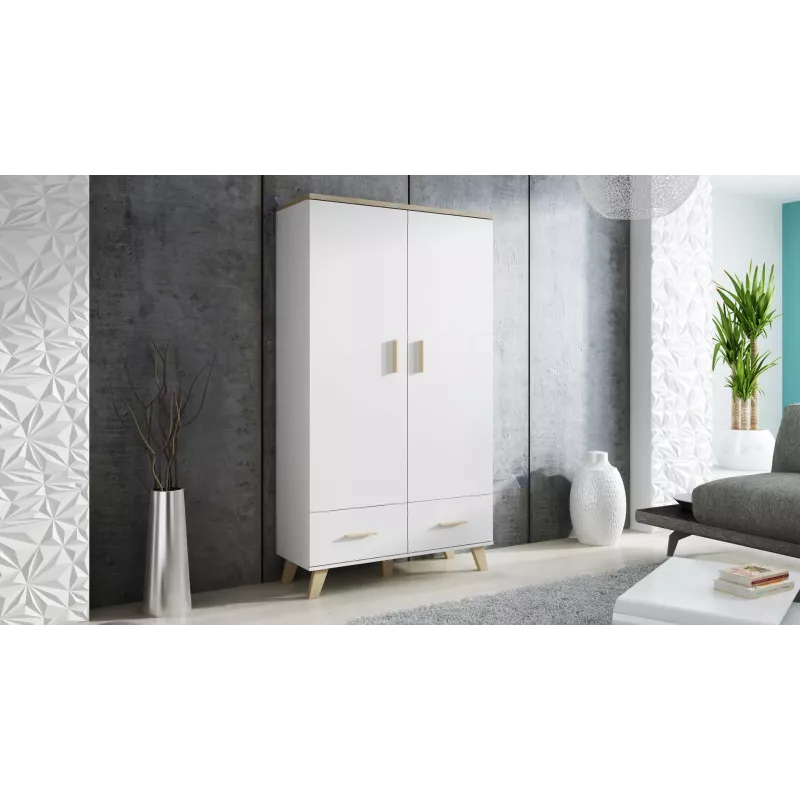 Drabužių spinta cama meble LOTTA 2D2D, 2 durys, Sonoma ąžuolo rėmas su baltais fasadais, 1100×550×1900 mm