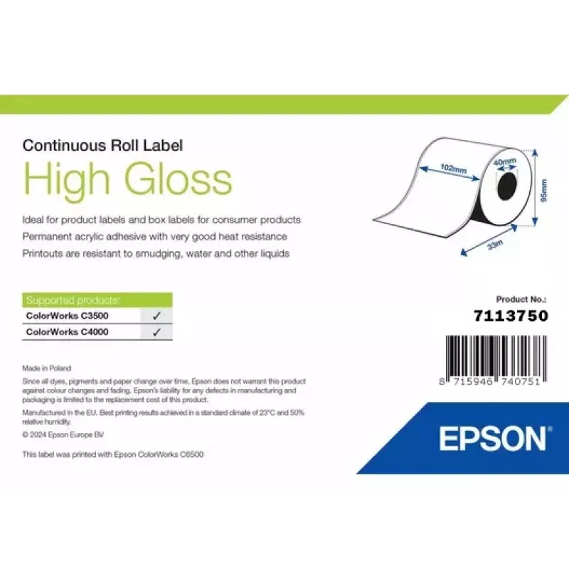 Epson 7113750 blizgios etikečių juostos ritinys, 102 mm x 33 m