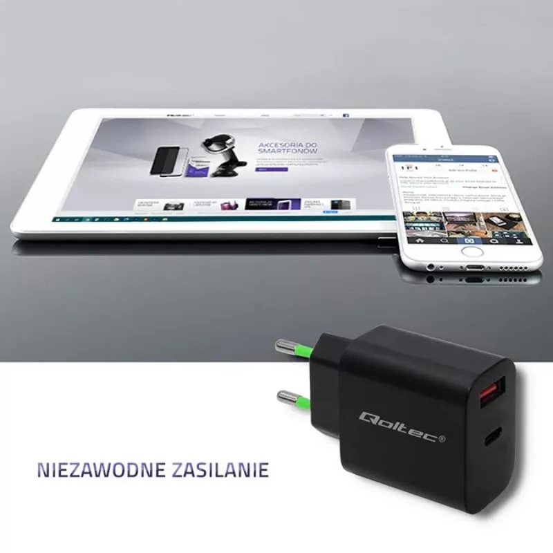 Maitinimo adapteris Qoltec 51713, 18 W, USB Type-C, juodas
