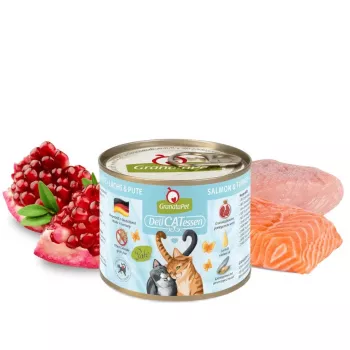 Šlapias ėdalas katėms Fox4Pets DeliCATessen lašiša ir kalakutiena 200 g – be grūdų, be glitimo, suaugusių kačių pilnavertis ėdalas