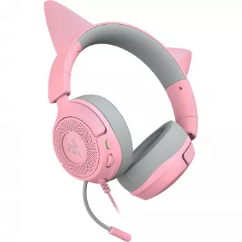 Ausinės Razer Kraken Kitty V3 X — laidinės USB Type-A, uždengiančios ausis, 20–28 kHz, 1,3 m laidas, rožinės