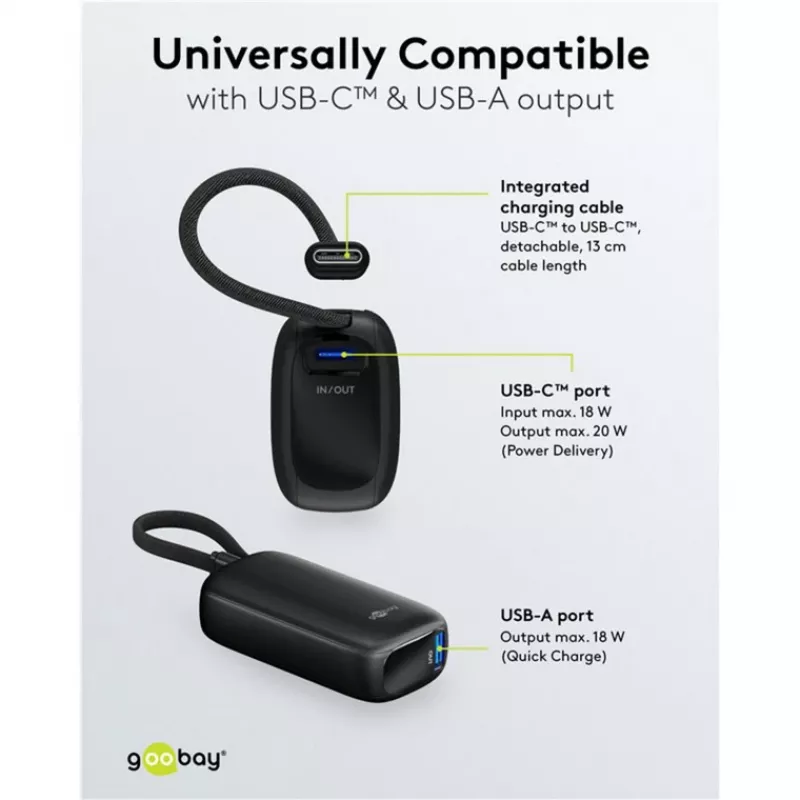 Powerbank 5.000 mAh, integruotas USB-C kabelis 13 cm, 20 W (juodas, 5 Ah, 1x USB-A, 1x USB-C, PD, QC)