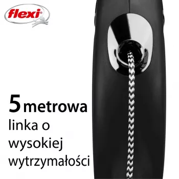 Flexi New CLASSIC 5 m juodas, atitraukiamas pavadėlis šunims, virvutė, maksimali apkrova 20 kg, atšvaitai