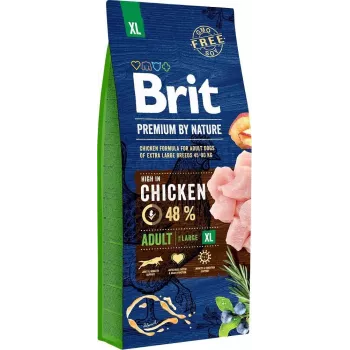 Sausas šunų ėdalas Brit Premium by Nature Adult XL 15 kg – Vištiena ir Lašiša, 28% baltymų, 16% riebalų