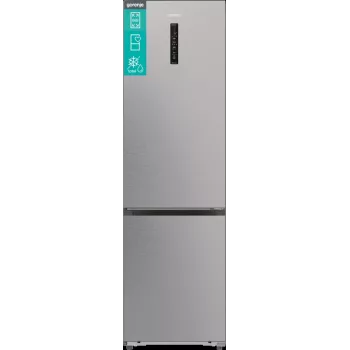 Šaldytuvas su šaldikliu Gorenje NRB620E61X4WFE, laisvai pastatomas, nerūdijantis plienas, bendras tūris 413 L, šaldiklis apačioje 130 L, NoFrost, LED ekranas