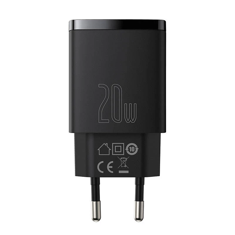 Vidinis USB greitasis įkroviklis Baseus CCXJ-B01 — 2 prievadai (USB-C PD 20W + USB-A QC3.0 18W), 100–240V, juodas