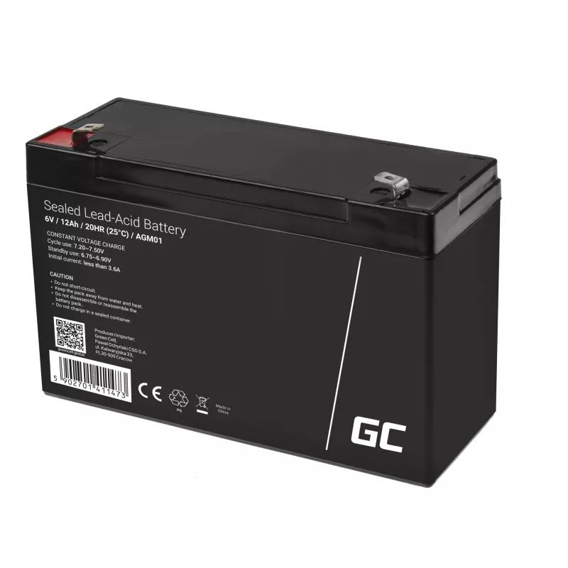 Švino rūgšties (VRLA) AGM akumuliatorius Green Cell 6V 12Ah, 94×151×50 mm, 1,65 kg