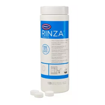 Valymo tabletės URNEX Rinza M61 — 120 vnt., pieno putoklių valymui, baltos, 480 g pakuotė