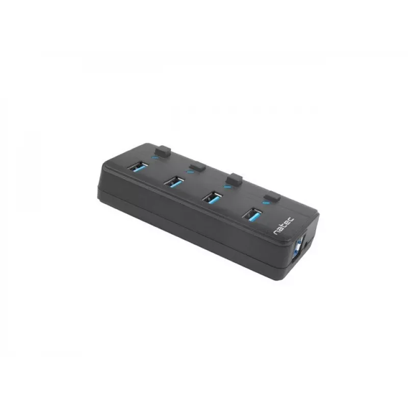 Natec Mantis 2 NHU-1557 USB 3.0 skirstytuvas 4 prievadų, USB Type-B įvestis, įjungimo/išjungimo mygtukai, maitinimo blokas, juodas