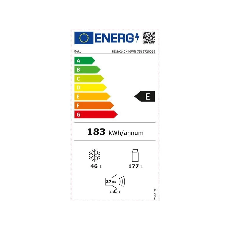 BEKO Šaldytuvas RDSA240K40WN, energijos klasė E, aukštis 146,5 cm, baltas