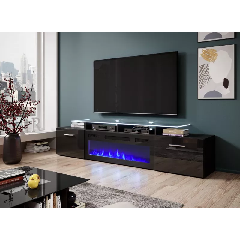 TV spintelė Cama Meble ROVA su elektriniu židiniu, 190x37x48 cm, juoda/juodas blizgesys