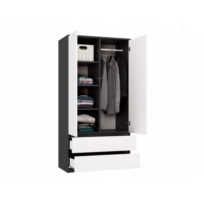 Spinta MALWA SS-90, 90×180×50 cm, antracitinis rėmas, balti varstomi durys, 2 stalčiai, laminatas 16 mm