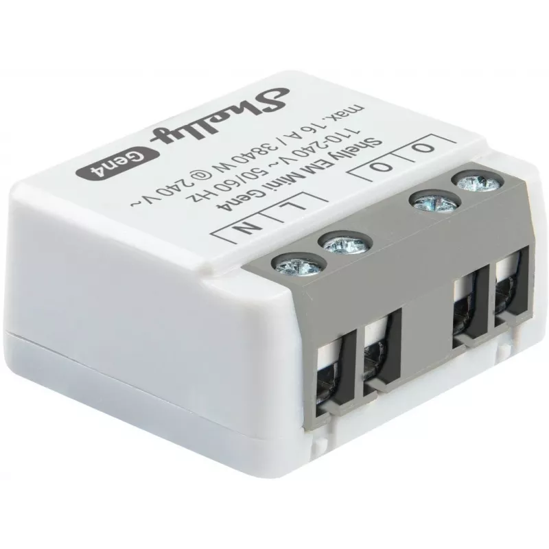 „Shelly Relay EM Mini Gen4“ išmanioji relė 1 kanalas Wi‑Fi Matter Zigbee Bluetooth 8A, 110–240V, energijos matuoklis